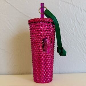 Starbucks Metallic Dark Pink Studded Cold Cup Christmas Ornament Keychain